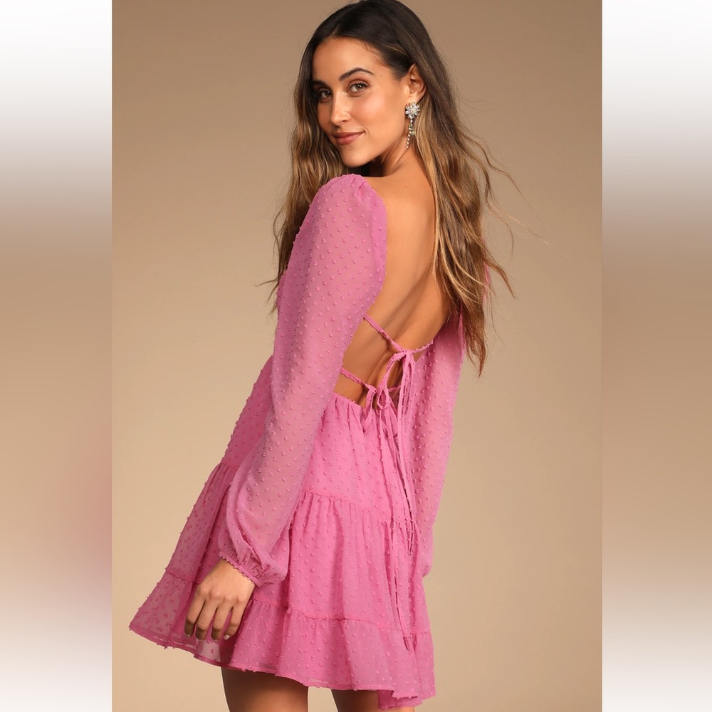 NWT Lulus Longing And Love Pink Swiss Dot Dress Size Medium